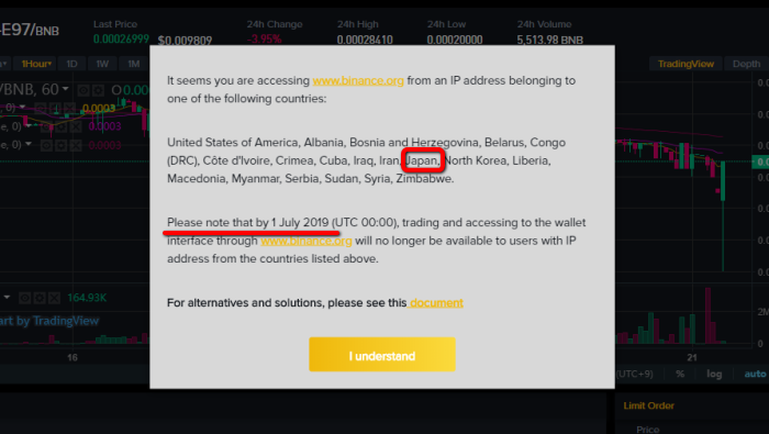 2019年7月1日（UTC 00:00）までに、www.binance.orgを介したウォレットインタフェースへの取引およびアクセスは、上記の国のIPアドレスを持つユーザーが利用できなくなります。